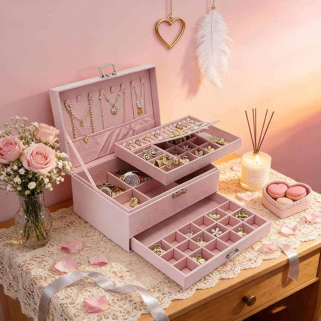 Velvet Jewelry Organizer Box with Lock & Drawers ¨C Large Capacity Storage Case for Rings, Necklaces, Earrings & Bracelets, Travel Jewelry Box