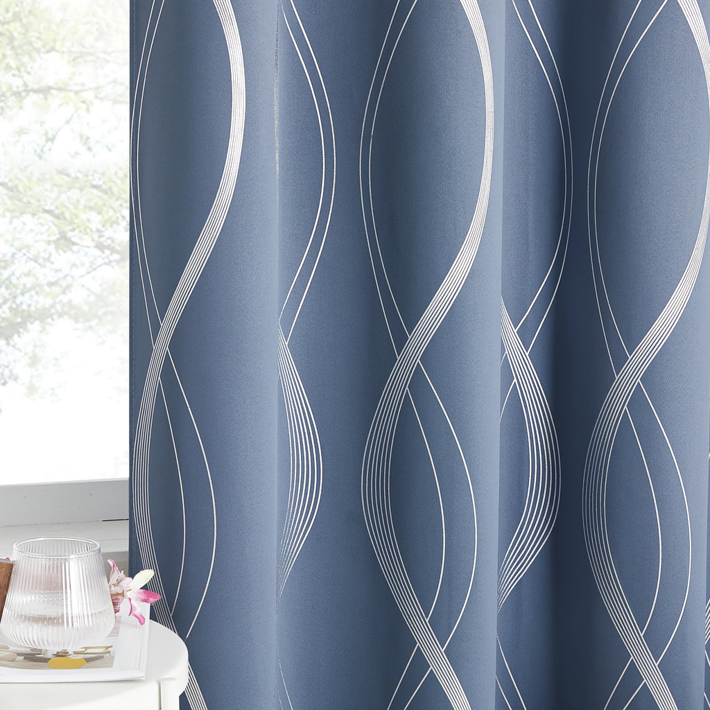 Thermal Insulated Blackout Curtains 2 Panels Wave Line Foil Print Noise Reducing Room Darkening Drapes for Bedroom Living Room Patio Sliding Glass Door