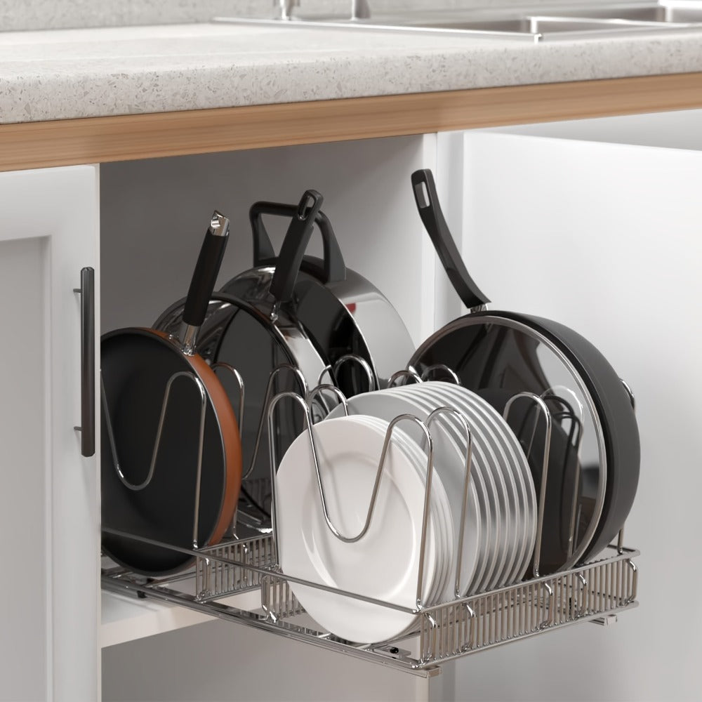 Cabinet Pot & Pan Organizer Rack with 10 Adjustable Dividers, 11¡±W x 17.5¡±D x 8.3¡±H, Chrome Steel Kitchen Storage