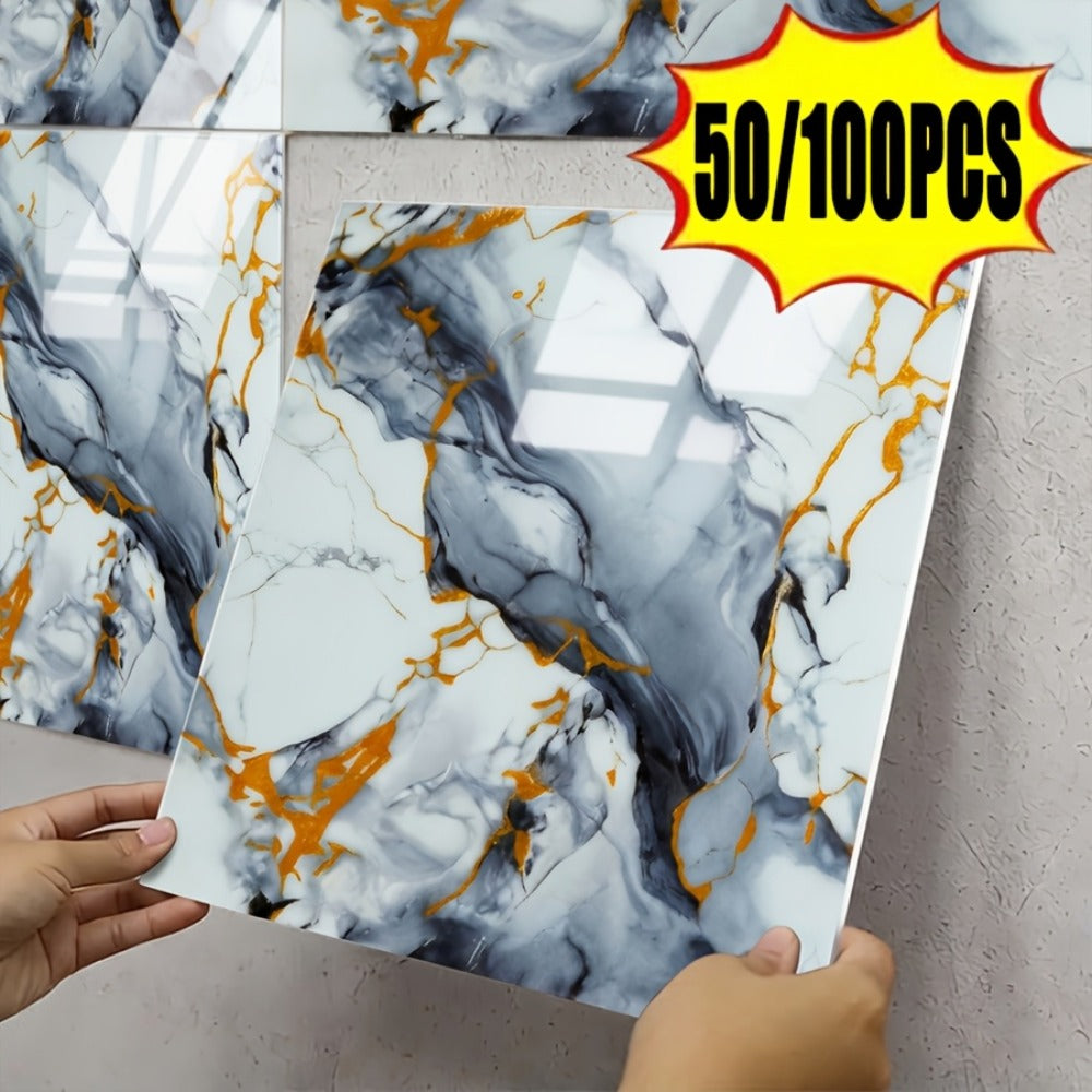 Self-Adhesive Marble Tile Stickers 11.8x11.8in Peel and Stick Wall Tiles for Bathroom Kitchen Backsplash ¨C Waterproof 3D Glossy Imitation Marble Wall Panel, Easy to Install, 50 or 100 Pack