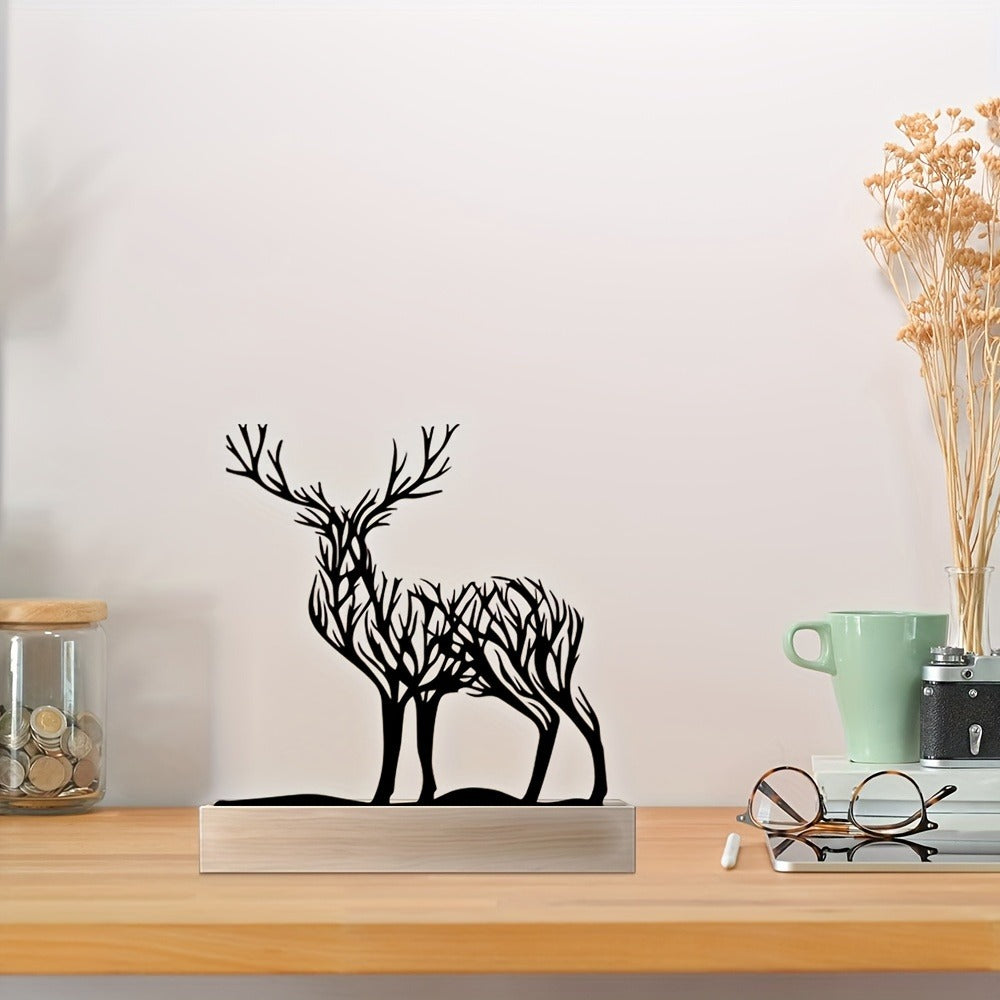 Tabletop Deer Branches Decoration with Wood Base - Iron Metal Antler Desk Sculpture for Living Room Bookshelf TV Cabinet Wine Cabinet Office Desk, Halloween Christmas New Year Home Decor Gift