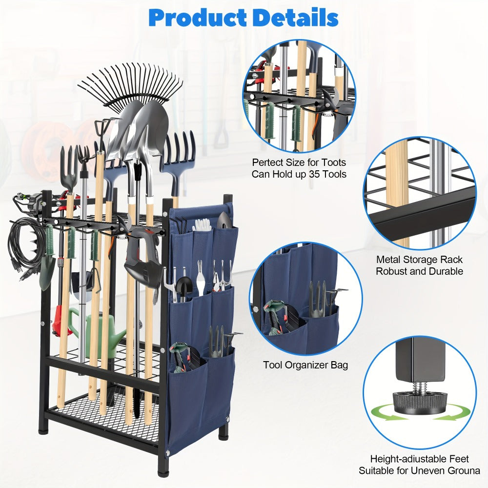 Tool Storage Rack with Storage Bag ¨C Metal Yard Tool Organizer for Garage Holds 35 Long-Handled Tools, Broom, Shovel, Rake Stand Holder, Heavy Duty Freestanding Garden Tool Rack for Outdoor & Yard, Black