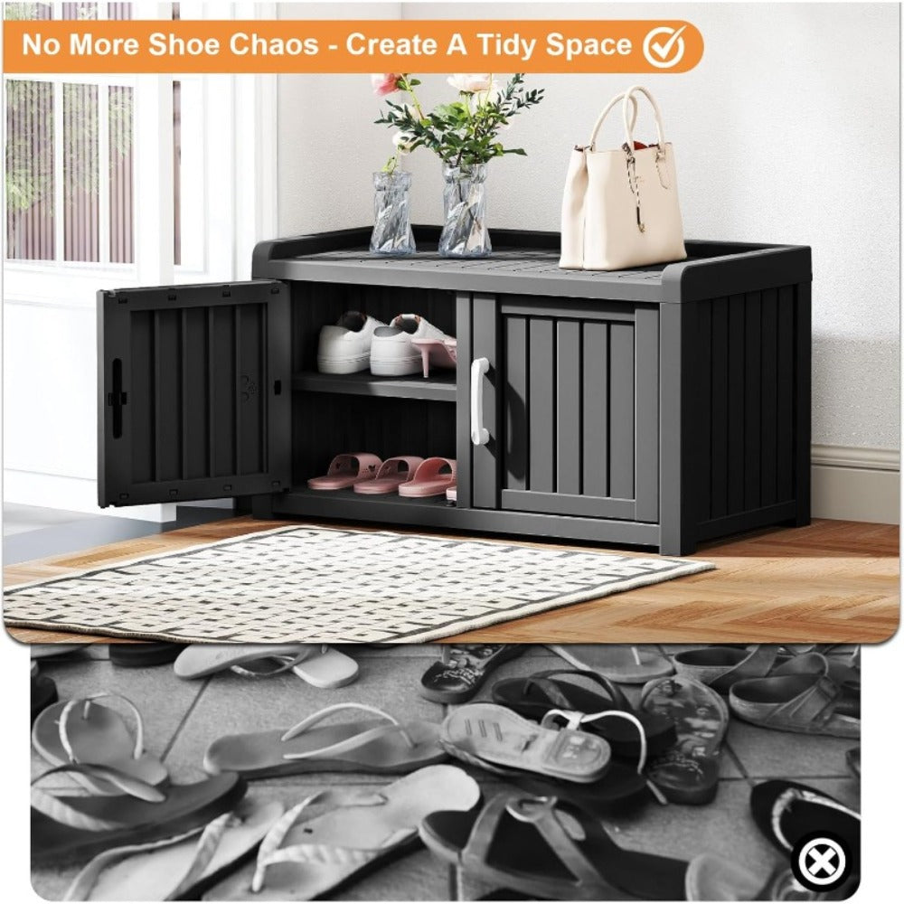 Shoe Storage Bench with Hidden Cabinet Entryway Bench All-Weather Resin Indoor Outdoor Porch Patio Mudroom Hallway Organizer
