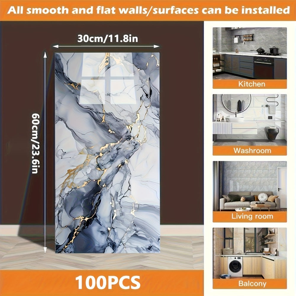 Peel and Stick Marble Tile Stickers ¨C Self Adhesive Foam Wall Tiles for Bathroom Kitchen Office Bohemian Home Decor (50/100pcs, White/Gray/Black/Blue Gold)