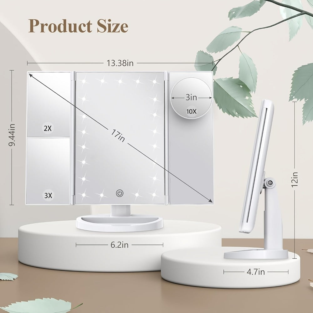 LED Tri-Fold Makeup Mirror with Touch Screen ¨C 1X/2X/3X/10X Magnifying Vanity Mirror, Flexible Adjustable Base, Lighted Travel Mirror for Makeup Desk, Bedroom & Bathroom | Gift for Women