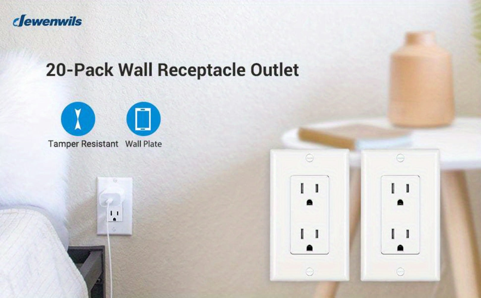 15 Amp Tamper Resistant Wall Outlet 20 Pack with Decorator Wall Plates Included Standard Electrical Receptacle 125V White Duplex Outlet for Home Office Kitchen