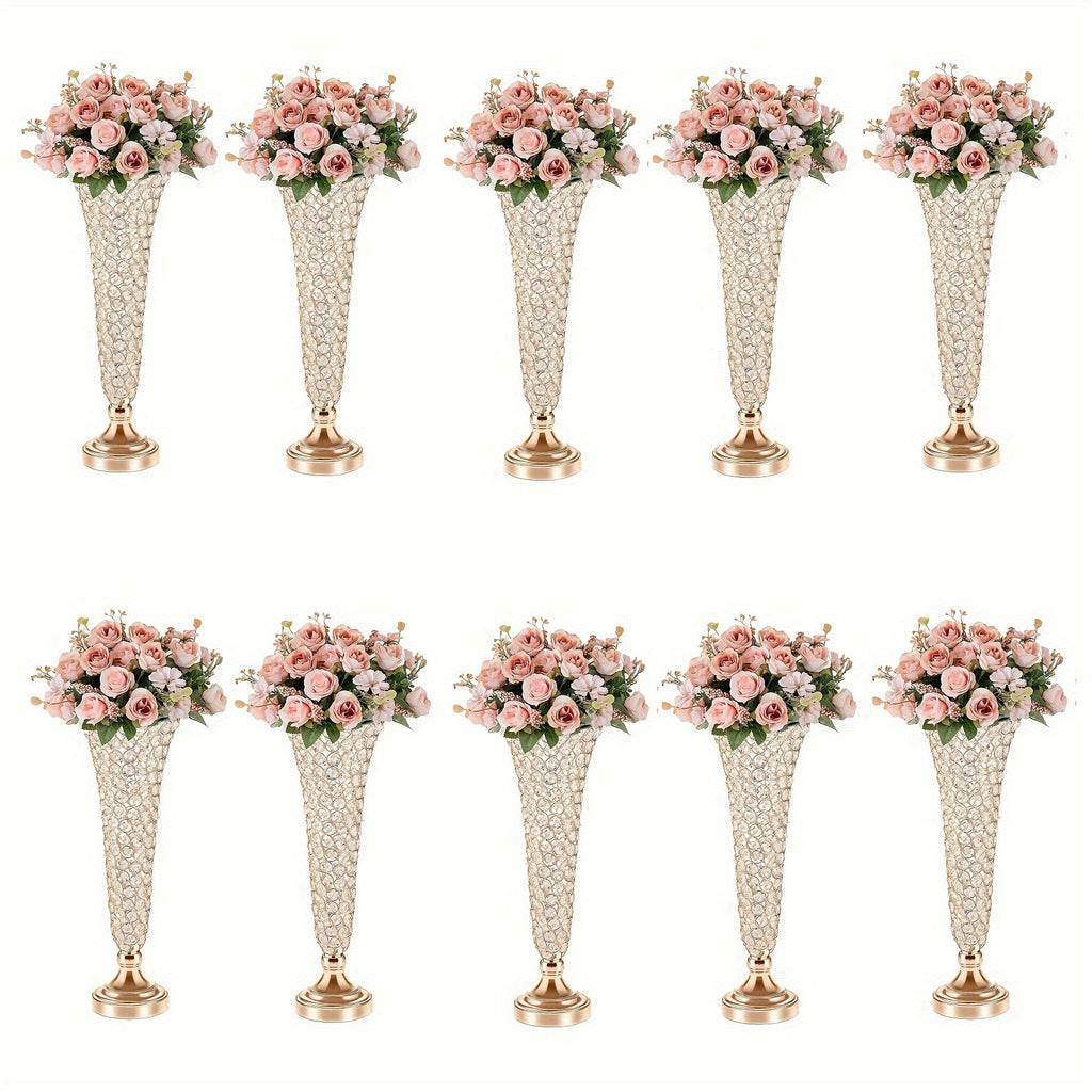 Crystal Trumpet Flower Vase Centerpieces for Wedding Table ¨C Bling Wrought Crystal Vases for Party, Anniversary, Birthday, Banquet & Home Decor, Gold & Silver, 2pcs or 10pcs Set
