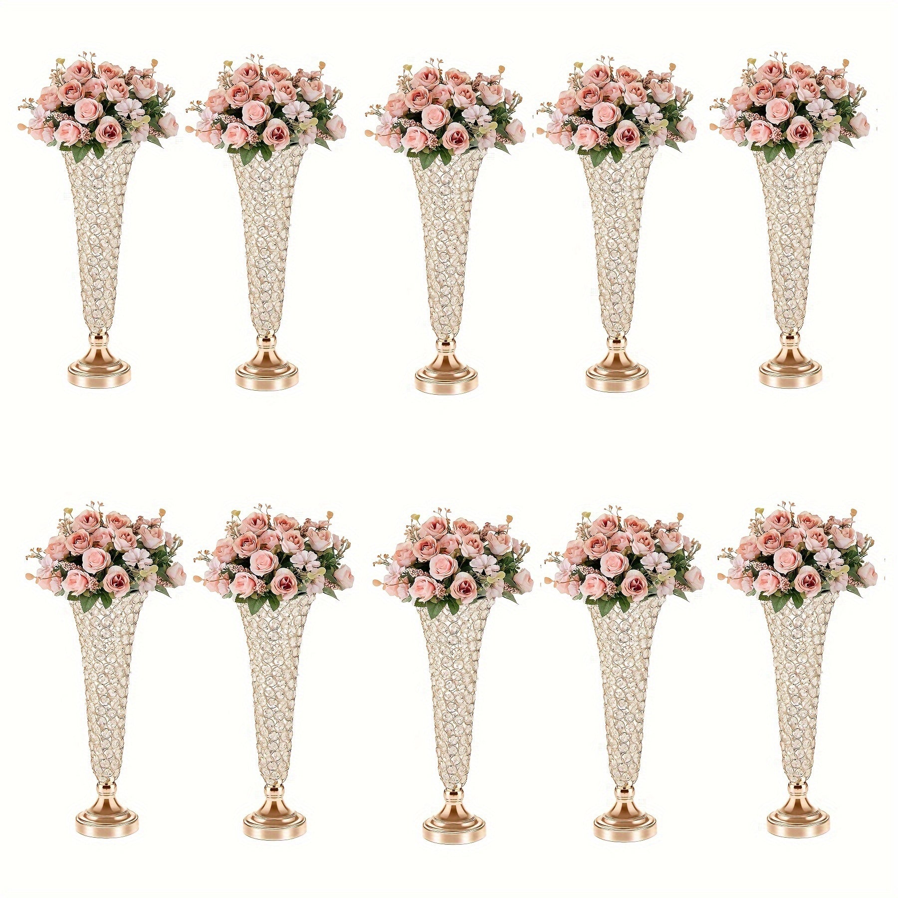Crystal Trumpet Flower Vase Centerpieces for Wedding Table ¨C Bling Wrought Crystal Vases for Party, Anniversary, Birthday, Banquet & Home Decor, Gold & Silver, 2pcs or 10pcs Set