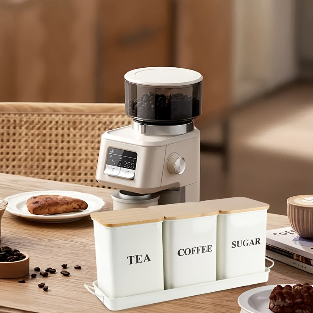 3-Piece Metal Kitchen Canister Set with Wooden Lids ¨C Coffee Tea Sugar Storage Jars, Airtight Kitchen Organizer Tins, Black or White Home Decor Gift Set