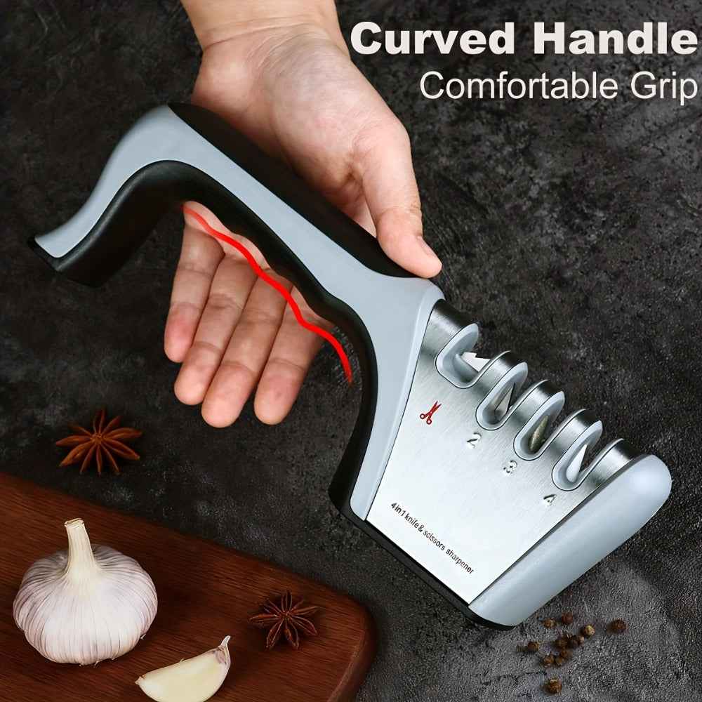 4-in-1 Knife Sharpener Manual Kitchen Tool for Chef Knives, Paring Knives, Steel Blades & Scissors ¨C 4 Stage Sharpening System with Non-Slip Base