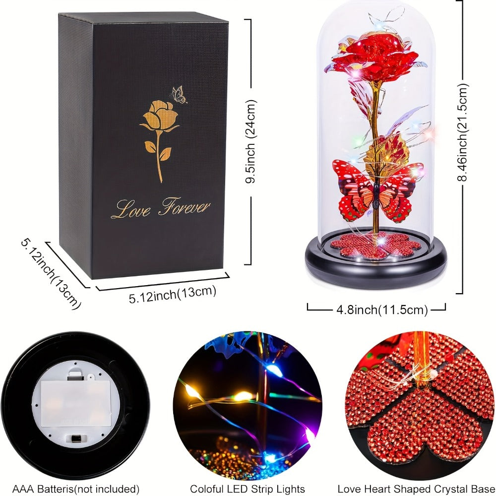 Glass Rose Crystal Flower in Glass Dome with LED Glow - Eternal Galaxy Rose Gift for Women, Mom, Wife, Daughter, Birthday Valentine's Day Mother's Day Gift, Butterfly Decor