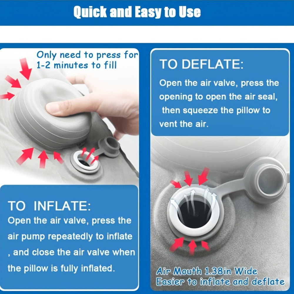 Inflatable Travel Neck Pillow Press to Inflate Foldable Ergonomic Design for Airplane Office Camping Gray Blue