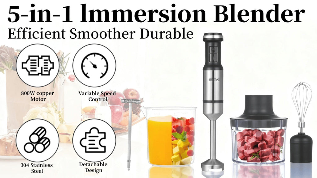 800W Immersion Hand Blender 5-in-1 Set ¨C Stainless Steel Stick Mixer with Whisk, Frother, 1000ml Cup & 450ml Food Chopper for Smoothies, Soup & More