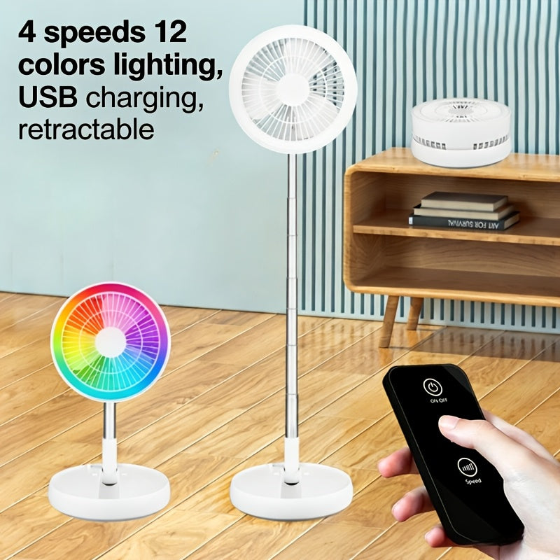 Portable Fan Foldable USB Rechargeable 3600mAh | 4-Speed Remote Control Tower Fan with 7-Color Ambient LED Light Low Noise | Expandable Cordless Fan for Office Bedroom Travel Camping Dorm | Pink White