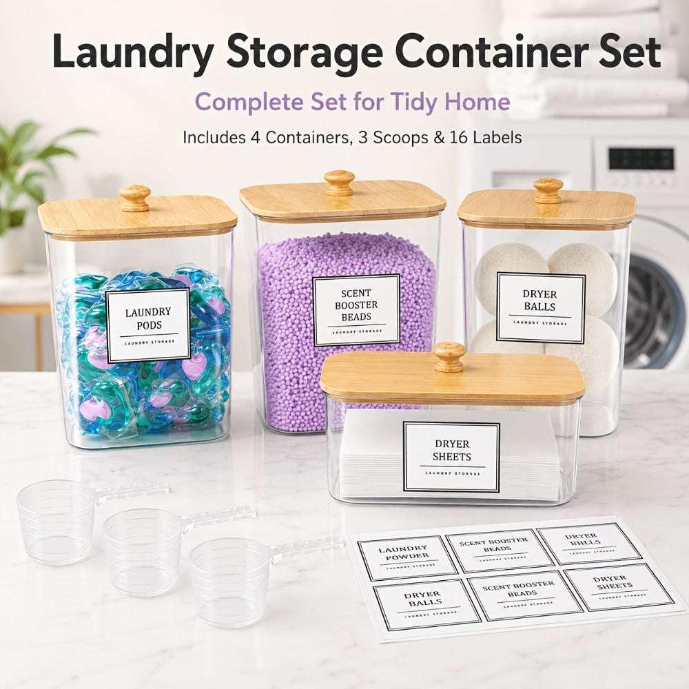 Laundry Pods Container & Dryer Sheet Holder Set with Bamboo Lids, Clear Laundry Room Organization Containers for Scent Booster, Powder, Pods ¨C 3+1 Pack