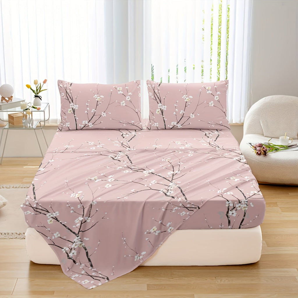 Fitted Sheet Set 4-Piece Plum Blossom Floral Print | Deep Pocket 15¡± Bed Sheets Twin Full Queen King | Soft Polyester Bedding Set with 2 Pillowcases, All-Season Machine Washable