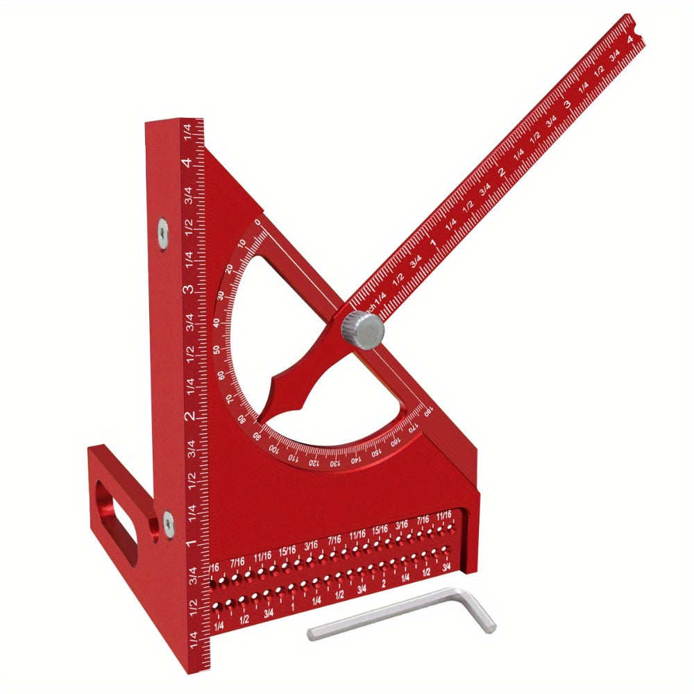 Adjustable 3D Carpentry Square Set 180¡ã Rotating Aluminum Alloy Triangle Ruler T-Square with Scribing Holes Red Black Markings Woodworking Measurement Tool
