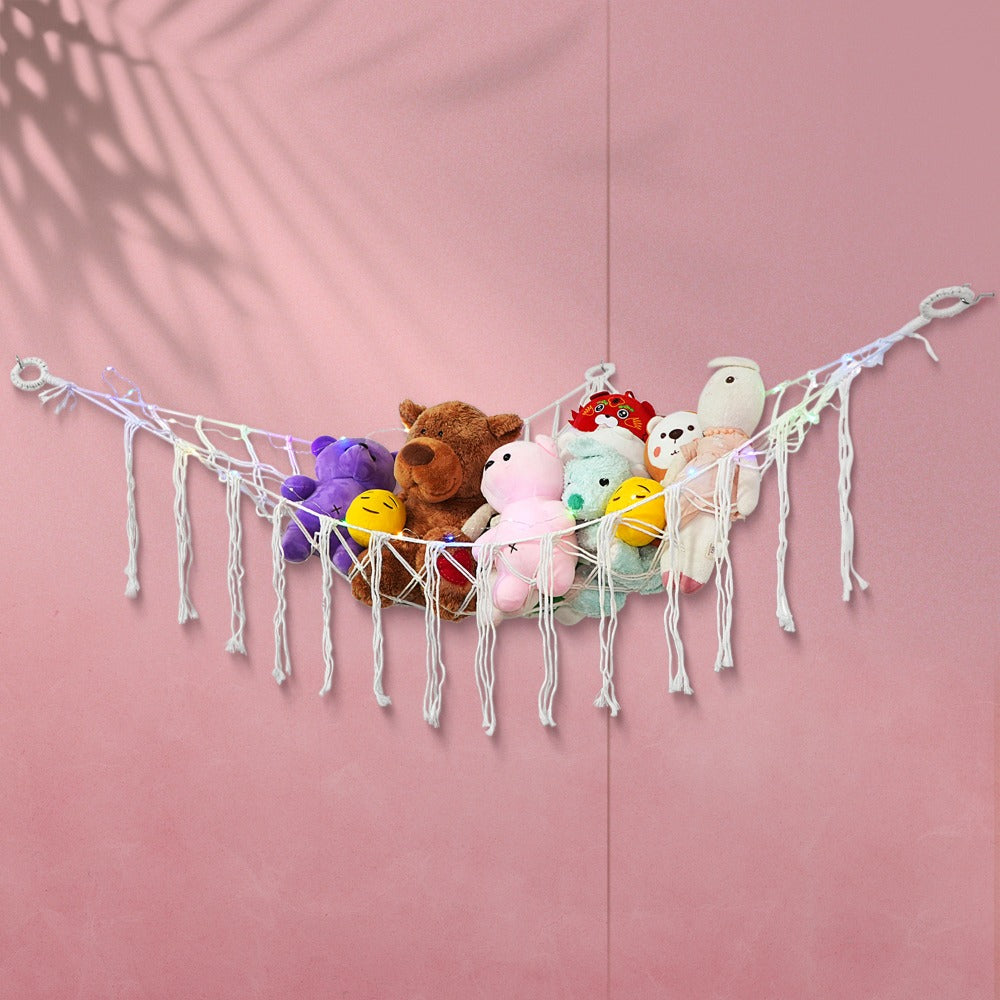 Stuffed Animal Storage Hammock with Lights Corner Hanging Toy Net Organizer for Nursery Bedroom Kids Room Decor Plush Toy Holder Christmas Halloween Easter Gift
