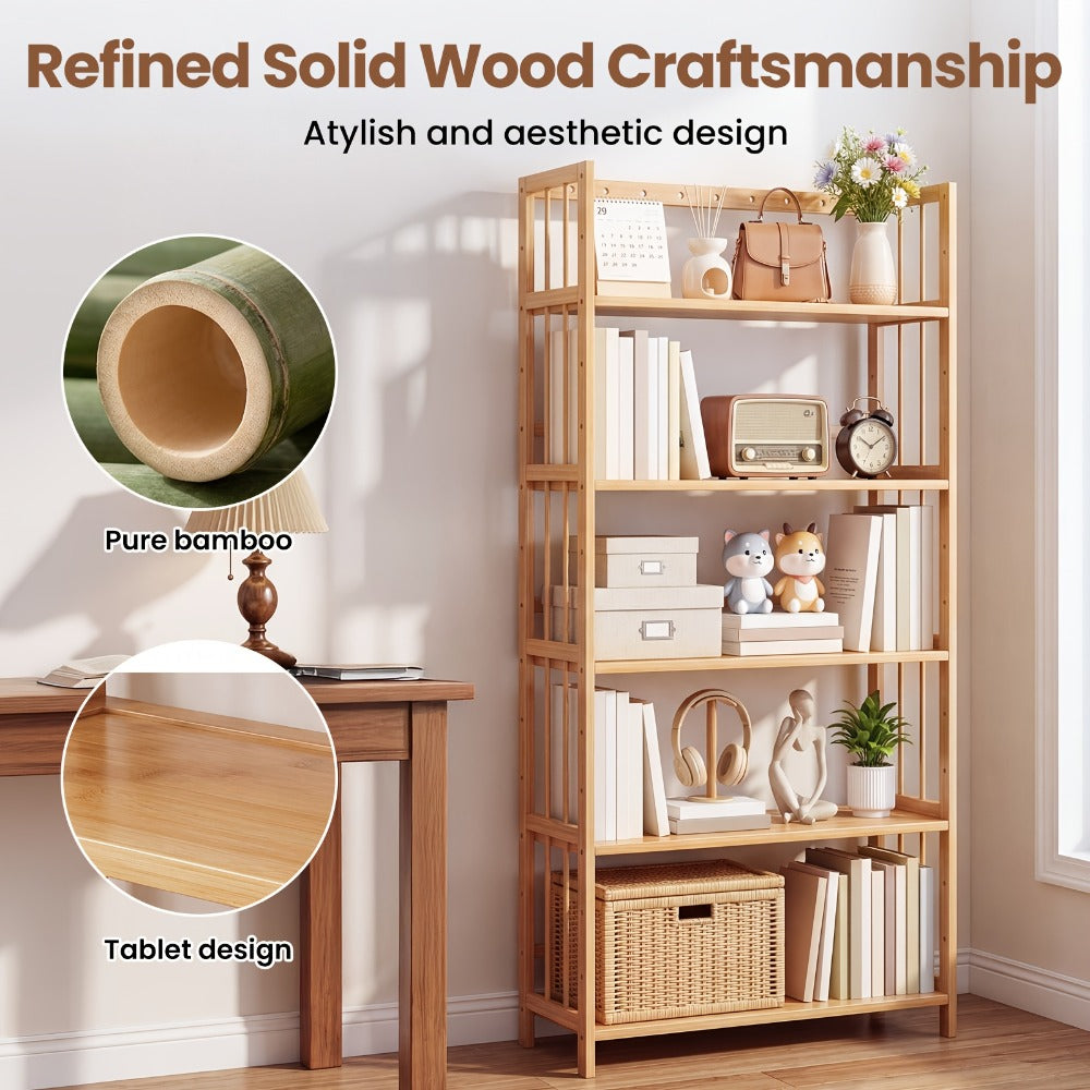 Bamboo Bookshelf Narrow 4 Tier Adjustable Shelves Wooden Bookcase Storage Shelf Organizer for Small Spaces Bedroom Living Room Home Office Standing Shelf