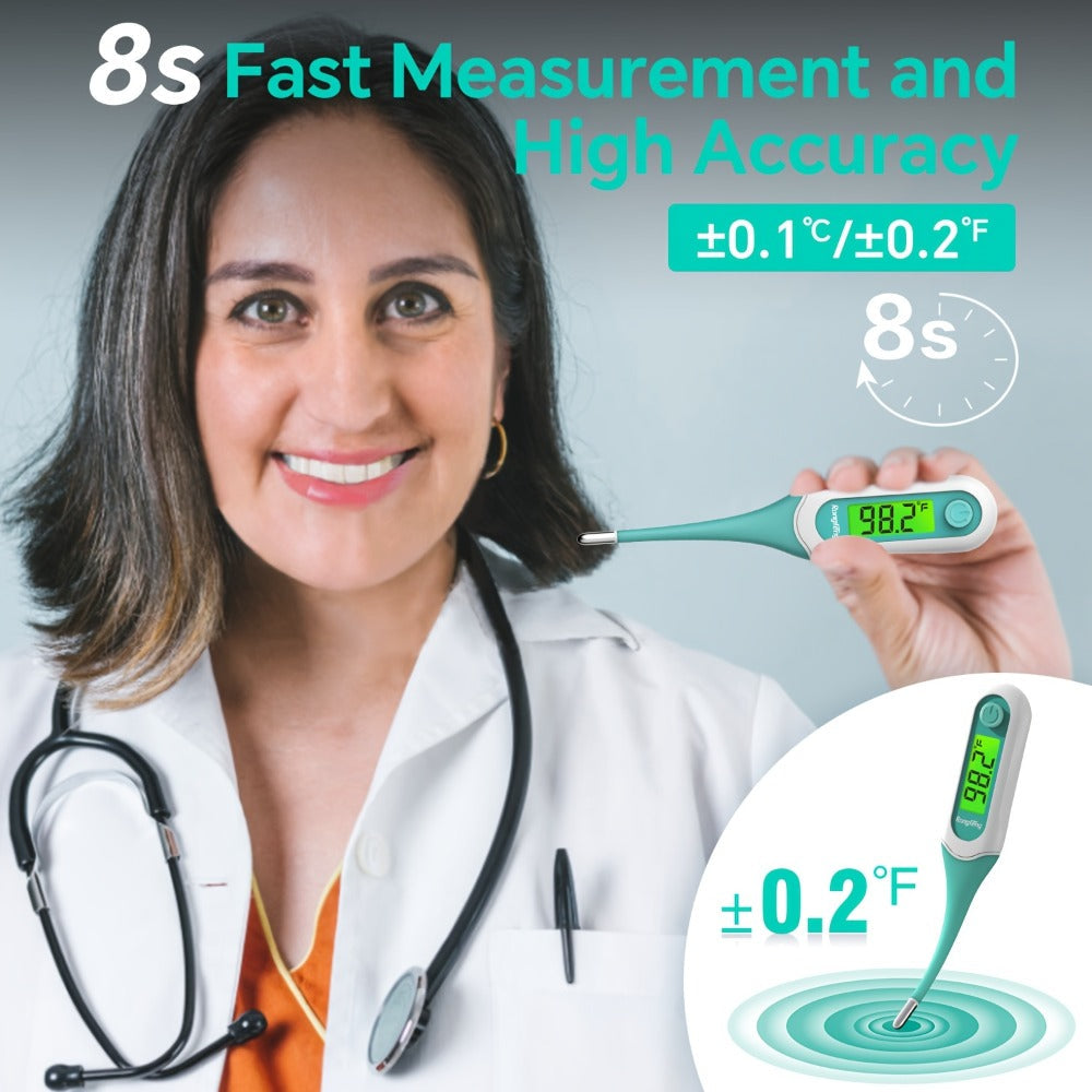 Digital Oral Thermometer for Adults & Kids ¨C 8-Second Fast Read, Bendable Tip, 3-Color Fever Backlight, 32 Memory Records, Rectal Use for Infants, Celsius/Fahrenheit Conversion