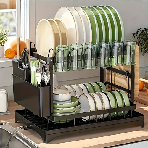2-Tier Dish Drying Rack with Drip Tray Large Kitchen Counter Dish Drainer