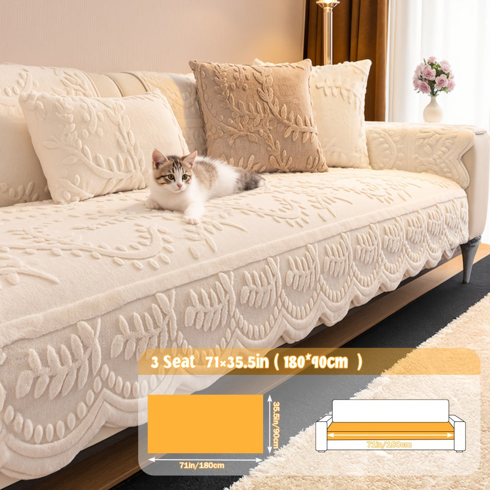 Faux Rabbit Fur Plush Sofa Cover Non-Slip | Thickened Quilted Couch Cushion, Machine Washable Pet Friendly, 1 to 4 Seat Armrest Backrest, White Light Grey Brown, Home Winter Decor