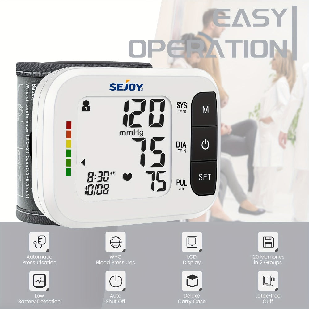 Wrist Blood Pressure Monitor - Sejoy Automatic Digital BP Machine with Large LCD Display, Wrist Strap & Batteries Included, Portable & Accurate for Home Use & Travel (Blue / White / Black / Purple)