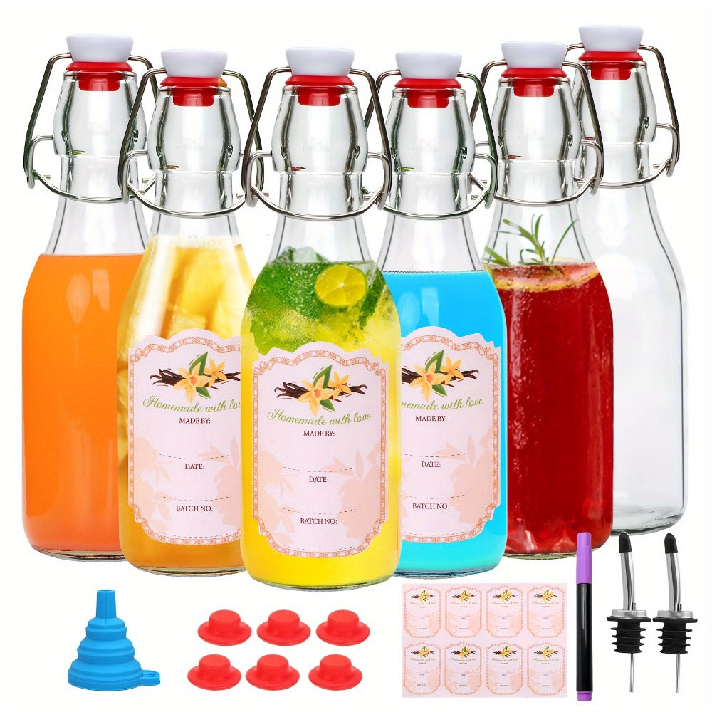 Glass Swing Top Bottles 8.45oz ¨C Round Iron Clasp Airtight Bottle Set with Funnel for Juice, Kombucha, Syrup & Oil Storage, Reusable Flip Cap Glass Bottles (6, 9, 12 or 18 Pack)