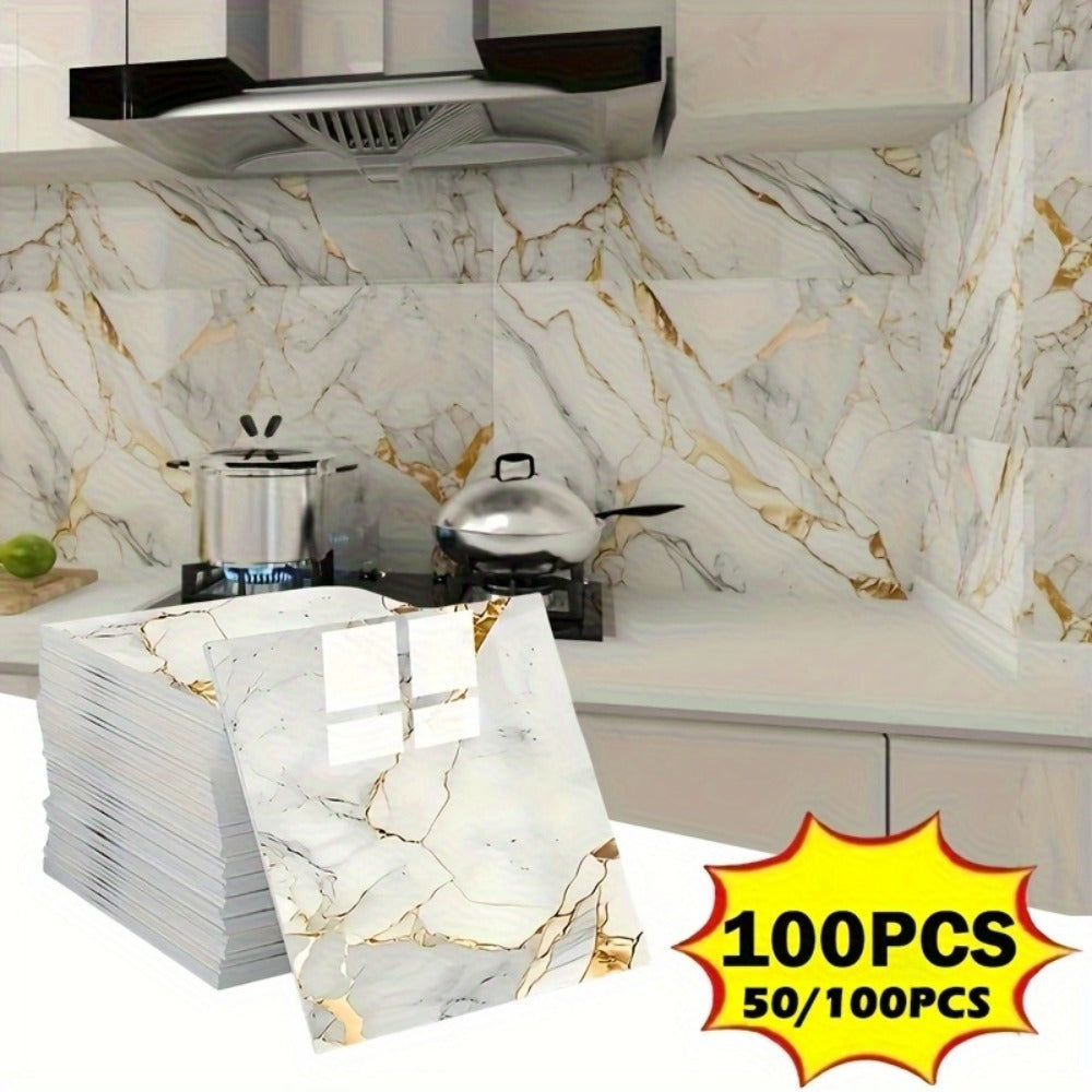 Peel and Stick Wall Tiles 50/100pcs Waterproof PVC Marble Self Adhesive Vinyl Tile Stickers for Bathroom Kitchen Living Room, TV Backdrop Shower Wall Panels Modern Home Decor Easy Installation