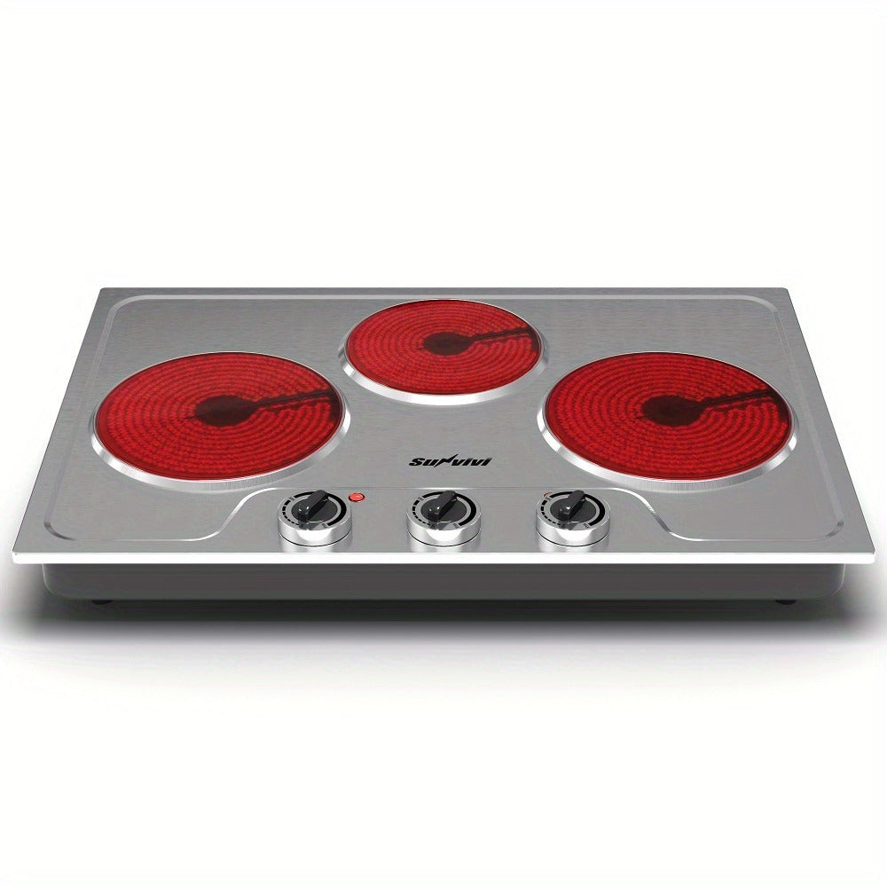 Portable Electric Cooktop Triple Burner 1800W ¨C Royalcraft Countertop Electric Stove with Knob Control, Indicator Light, Compatible with All Cookware, Silver