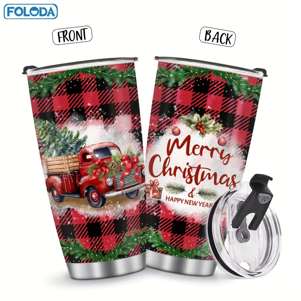 Christmas Tumbler 20oz Stainless Steel Insulated Travel Mug with Lid & Straw Holiday Xmas Patterns Red Truck Snowman Santa Gift for Men Women Friends Teachers