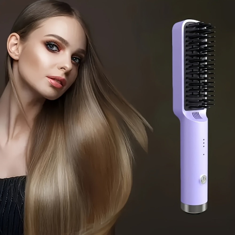 Mini Hair Straightener Comb Ceramic Heating Plate 3 Temperature Settings Fast Heating LED Display Travel Hair Straightening Brush for Women Home Salon Gift