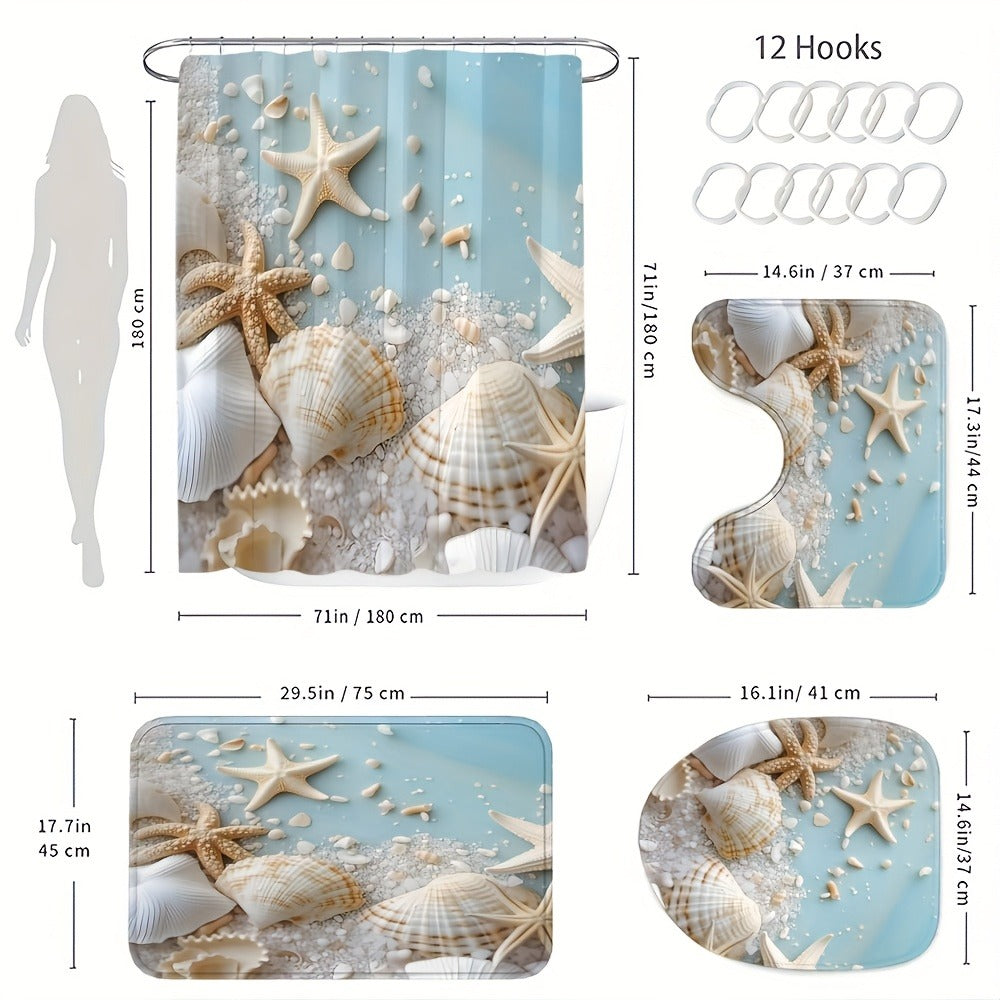 Shower Curtain Set Sea Star Shell Design Polyester with 12 Hooks Non-Slip Bath Mat U-Shaped Toilet Pad Lid Cover Bathroom Decor Set