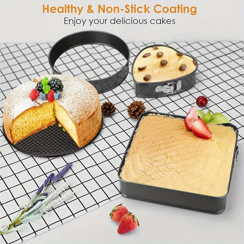 Springform Cake Pan Set 6pcs 7 8 9 10 11 Inch Heart Round Square Nonstick Leakproof Removable Bottom Carbon Steel Bakeware for Cheesecake Mousse Honeycomb Birthday Wedding Cake