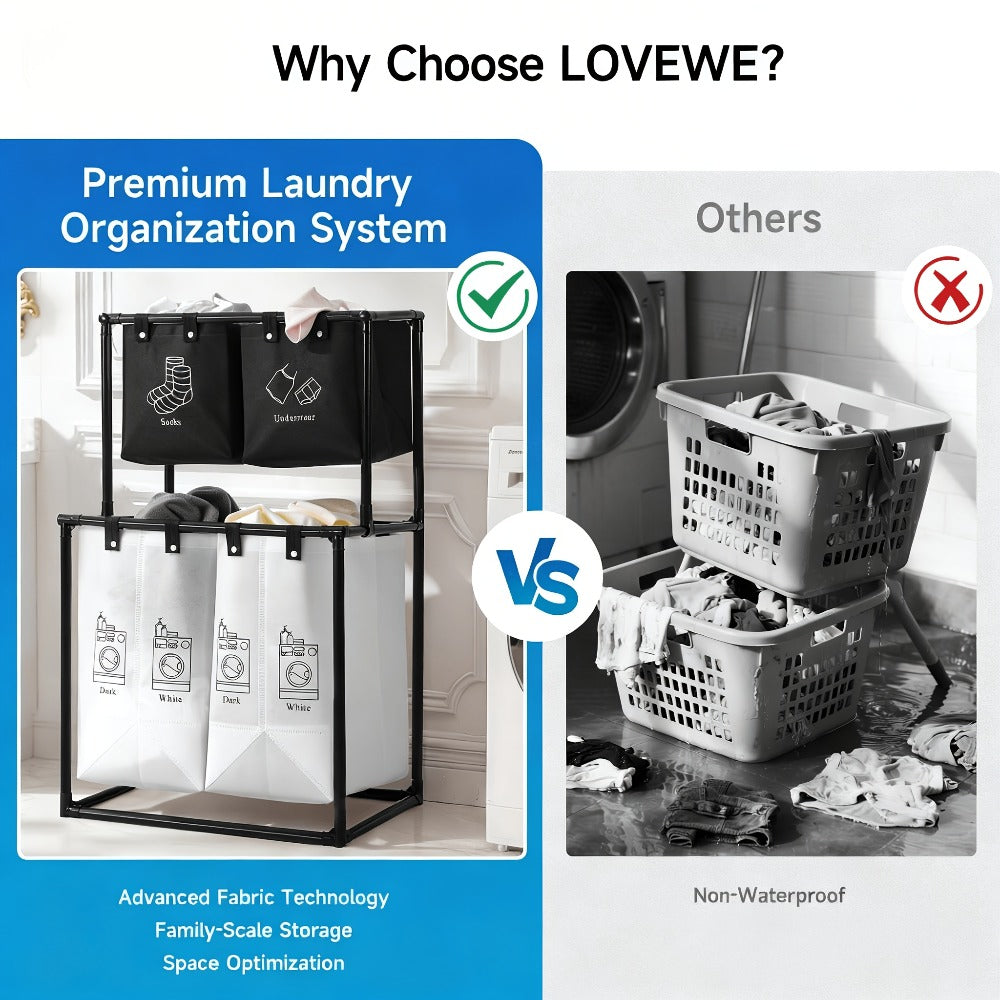 Laundry Sorter 2-Tier with Removable Bins - Collapsible Clothes Hamper Oxford Fabric Double Laundry Basket for Bedroom Bathroom Kids Adults Dorm Travel with 10 Cable Ties
