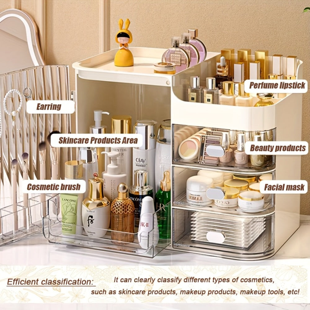 Makeup Organizer with 3 Drawers and Mirror - Large Capacity Cosmetic Storage Box Vanity Organizer for Skincare Contact Lens Display Case Bathroom Counter Organizer | Transparent Black Cream White