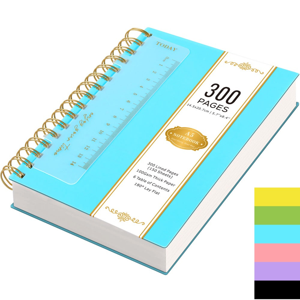 Hardcover Spiral Notebook A5 Lined Journal 300 Pages 100GSM Thick Paper PVC Waterproof Cover College Ruled Note Pad for Women Men Office School 5.7x8.4 Inch