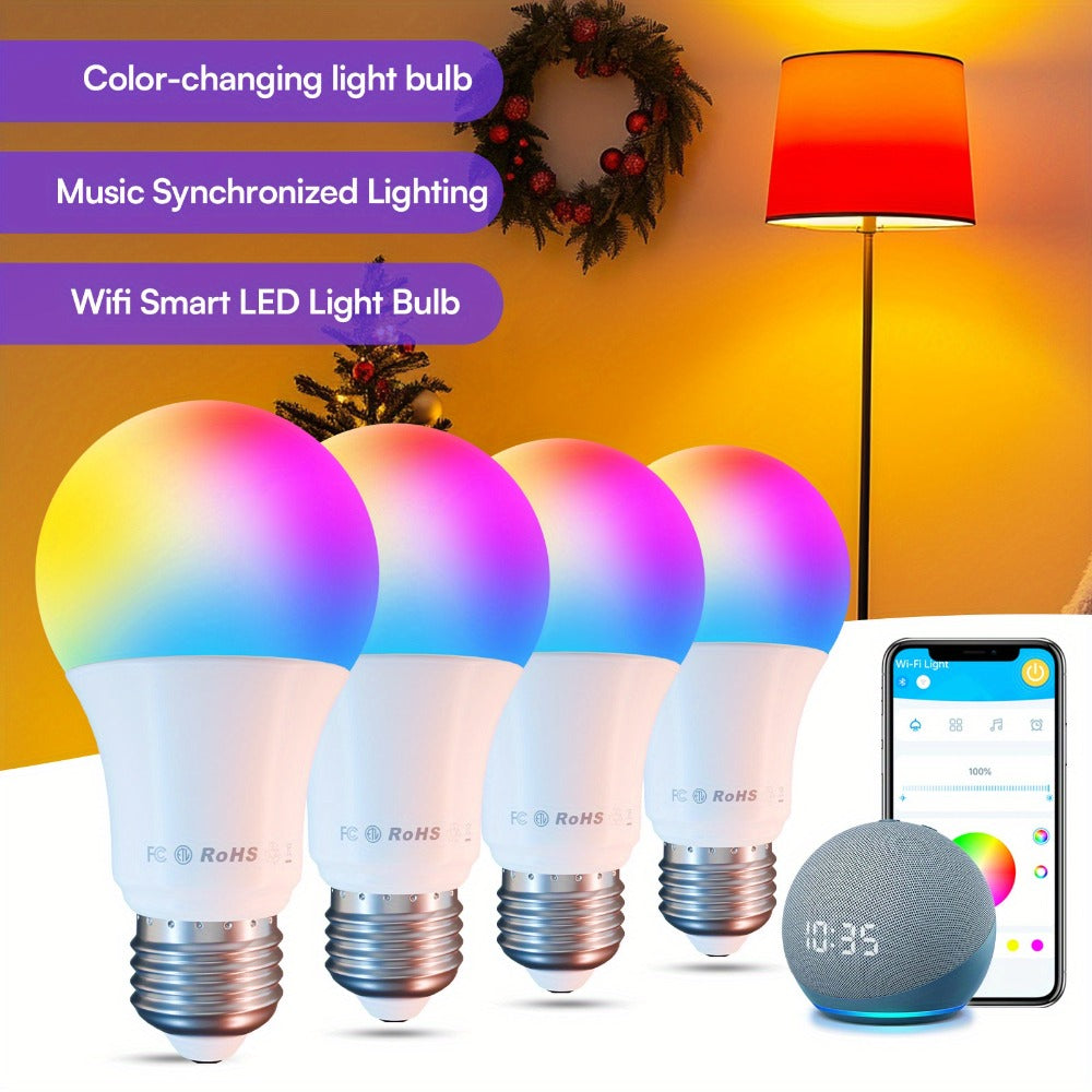 Smart Light Bulbs RGB Color Changing, WiFi A19 E26 LED Bulb Works with Alexa & Google Home, 2.4GHz Dimmable 800LM 60W Equivalent, Music Sync Voice Control App Remote, for Bedroom Party Home Decor