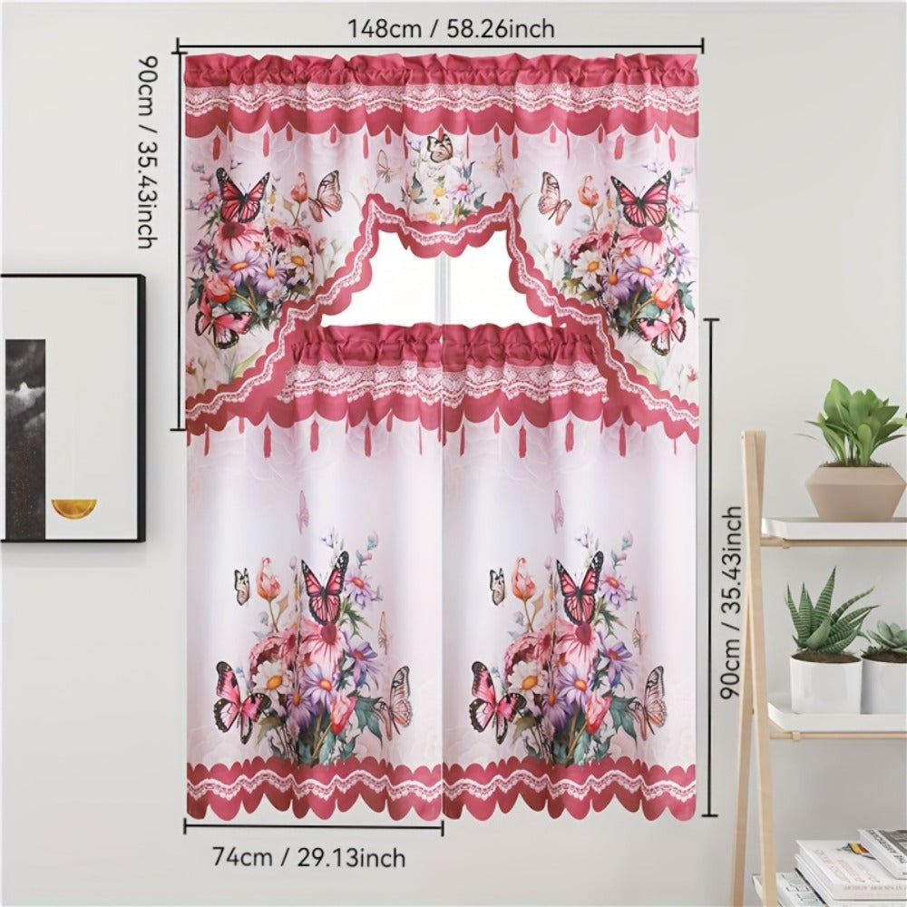 Blackout Kitchen Curtains 3-Piece Set with Butterfly Floral Print - Rod Pocket Window Curtains for Kitchen, Living Room, Bedroom, Bathroom & Restaurant, Polyester Fabric, Machine Washable