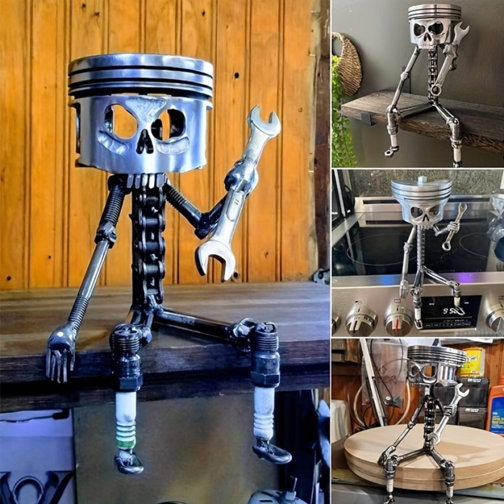 Steampunk Skull Sculpture with Wrench - Hand-Painted Mechanical Piston Gothic Decor, Resin Desk Decoration for Man Cave, Garage, Office, Engineer Gift, Car Lover Gift, Halloween Decor