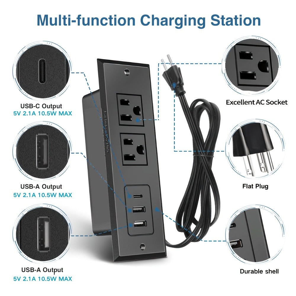 Recessed Power Strip Flush Mount Desk Outlet with USB-C & USB-A Ports In-Desk Power Grommet for Conference Room Office Table Furniture 1.5m Cord