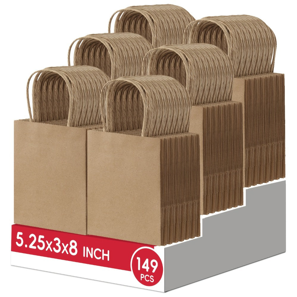 Kraft Paper Gift Bags Bulk 149 Pcs - Small Shopping Bags with Handles 5.25x3x8 Inch, Black Brown White Party Favor Bags for Retail, Birthday, Wedding, Valentine's Day, Snack & Small Business