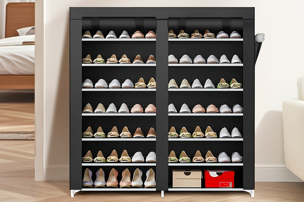 Shoe Rack Organizer 9 Tier Double Row Large Capacity Holds 42 Pairs Nonwoven Fabric Dust Cover Portable Shoe Cabinet Space Saving Easy Assembly for Home Bedroom Closet Dormitory Black