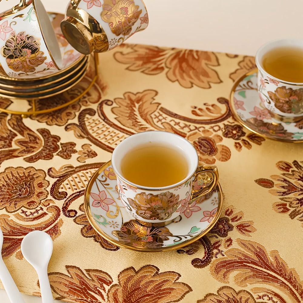 Floral Ceramic Tea Set 20 Pcs ¨C European Porcelain Tea Cups & Saucers with Metal Holder & 15 Oz Teapot ¨C Luxury Arabic Coffee Cup Set for Espresso, Cappuccino & Afternoon Tea ¨C Elegant Gift