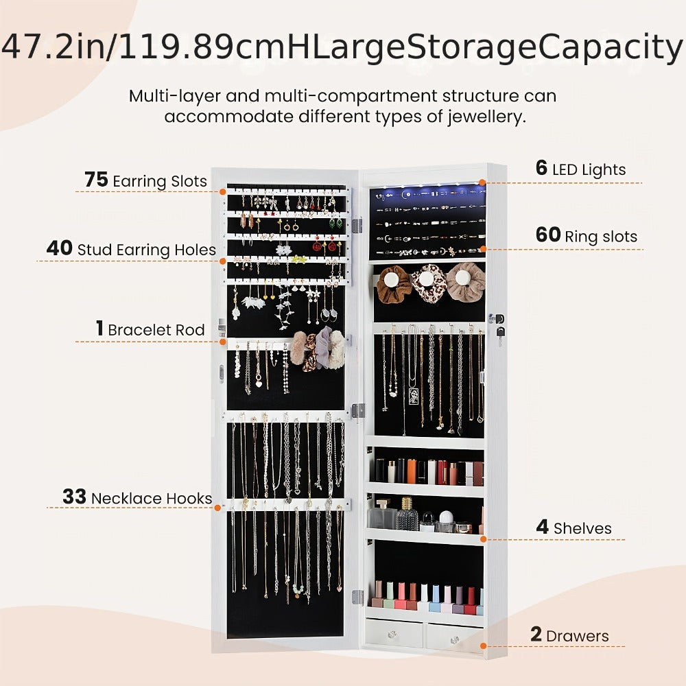 Jewelry Armoire Floor Standing 47.2¡± Full-Length Mirror Cabinet with 6 LED Lights Dual Lock, Jewelry Organizer for Necklaces Earrings Rings Bracelets, Bedroom Closet Storage 4 Colors