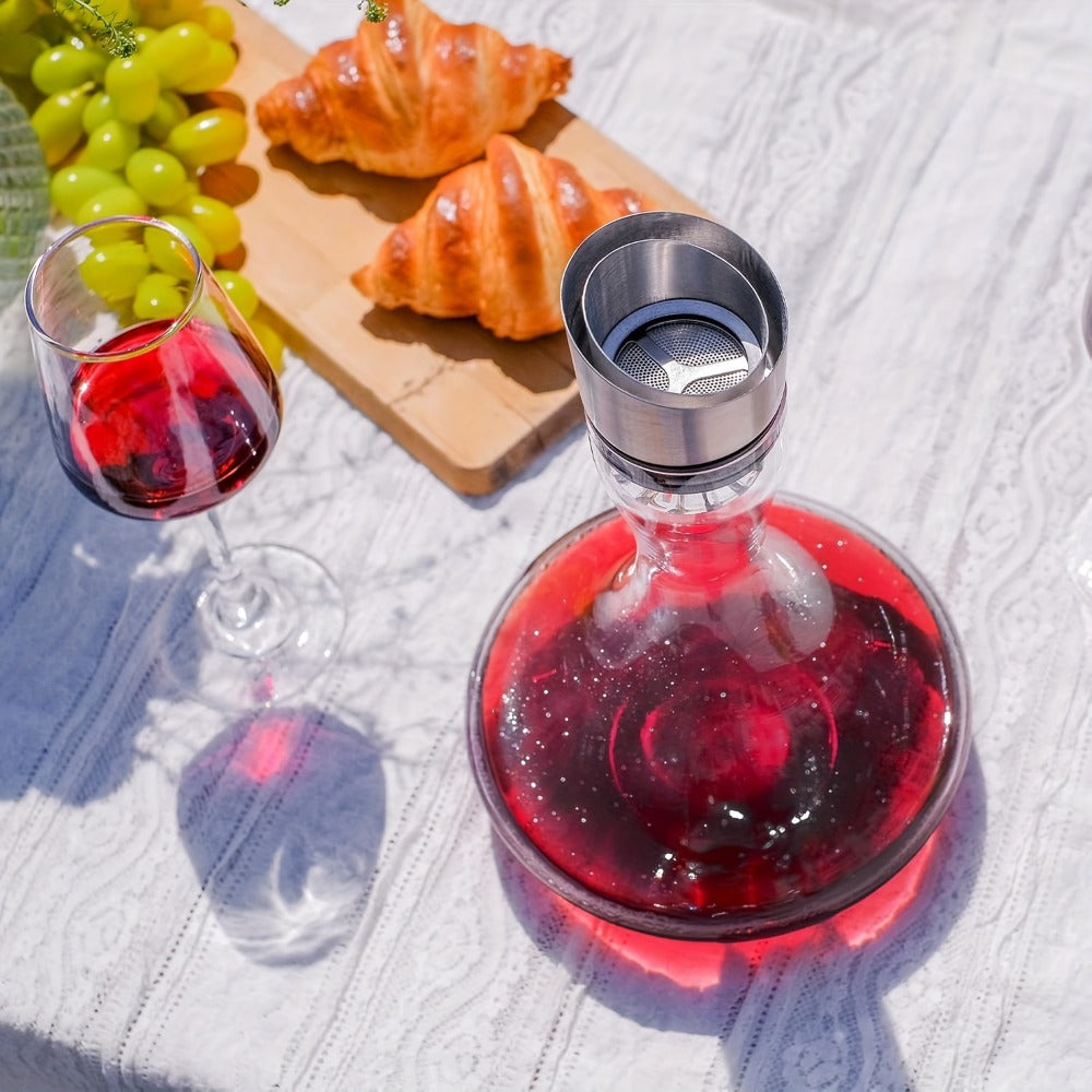 Wine Decanter Hand Blown Crystal Glass 1000ml Aerator Pourer Red Wine Carafe with Stainless Steel Aerator Lead-Free Clear Glass Perfect Gift for Wine Lovers