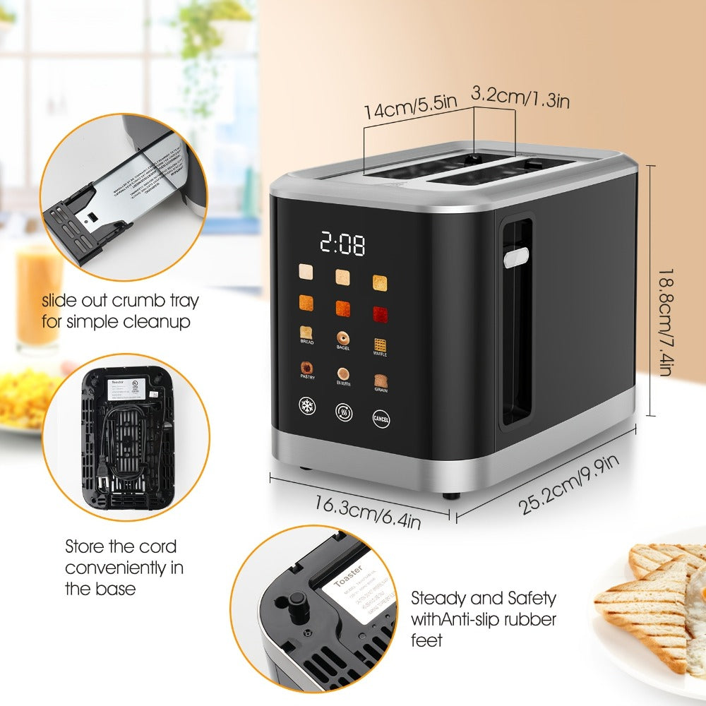 Smart Digital Toaster 2 Slice with Touch Screen LCD Display, 6 Bread Types & 6 Shade Settings, Extra Wide Slots, Stainless Steel ¨C Bagel, Cancel & Defrost Functions for Modern Kitchen
