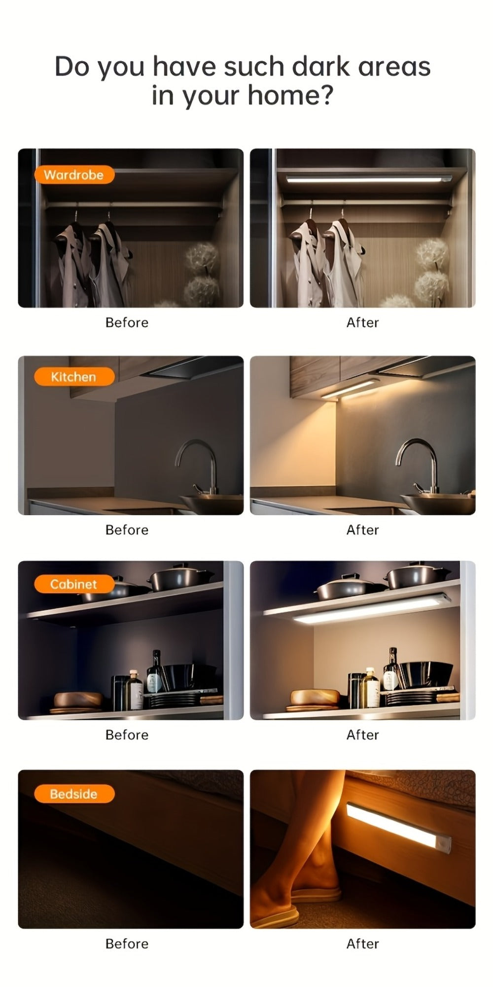 LED Motion Sensor Light USB-C Rechargeable 3 Color Temperatures Stepless Dimming Wireless Magnetic Under Cabinet Closet Night Light 1 2 4 Pack 20cm 30cm 40cm 50cm