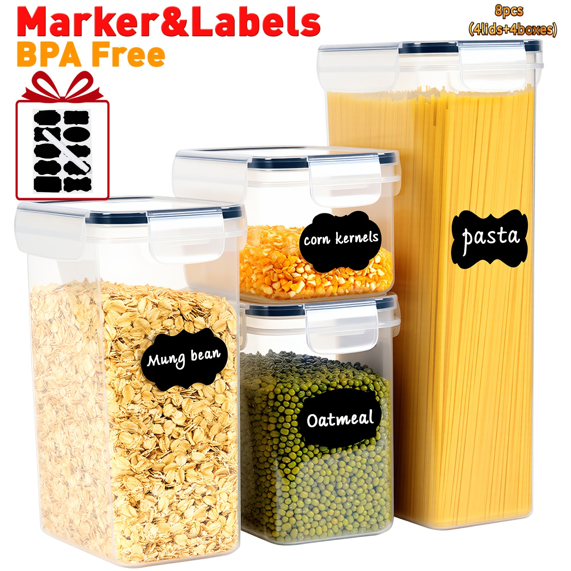 Airtight Food Storage Containers with Lids, BPA Free Leakproof Stackable Kitchen Organizer Set for Grain Nuts Cereal Pasta Dog Cat Food, with Labels & Marker