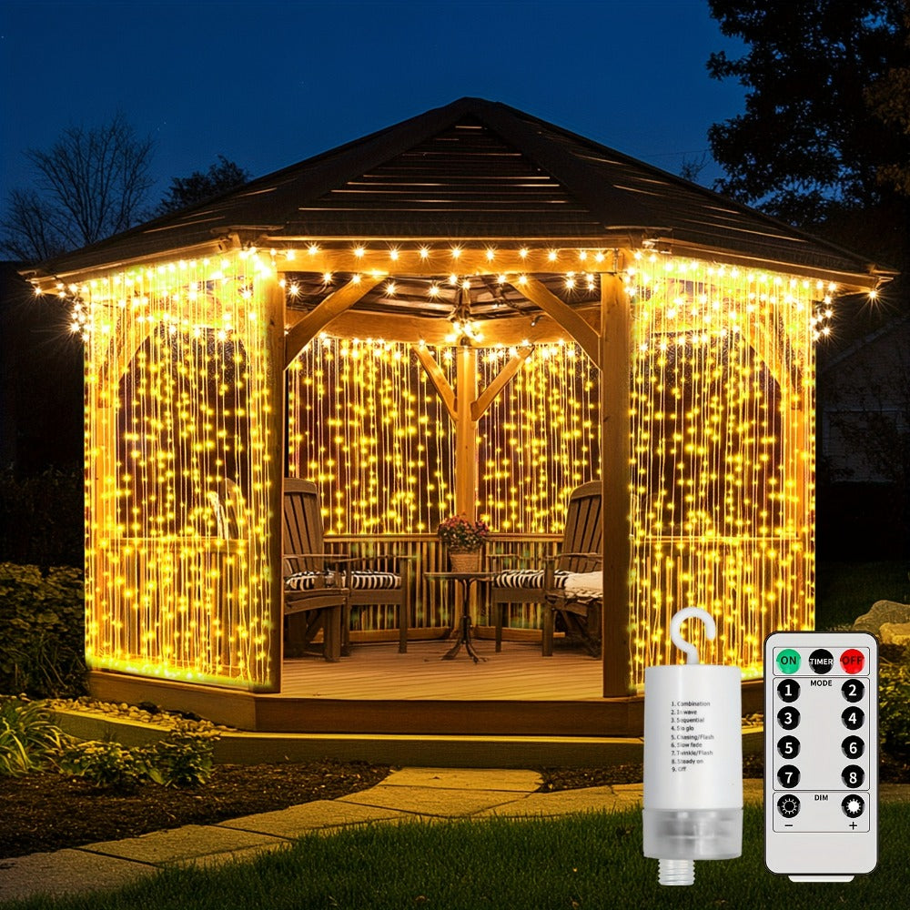 Curtain Lights for Gazebo Outdoor, 330 LED 10ft x 10ft Waterfall Fairy Lights Battery Operated with Remote, IP65 Waterproof Hanging String Lights with 8 Modes for Bedroom Porch Patio Wedding Decoration